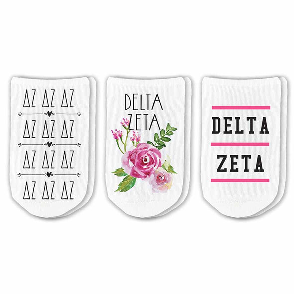 DZ sorority footie socks with sorority name, Greek letters and sorority floral design sold as a 3 pair gift set