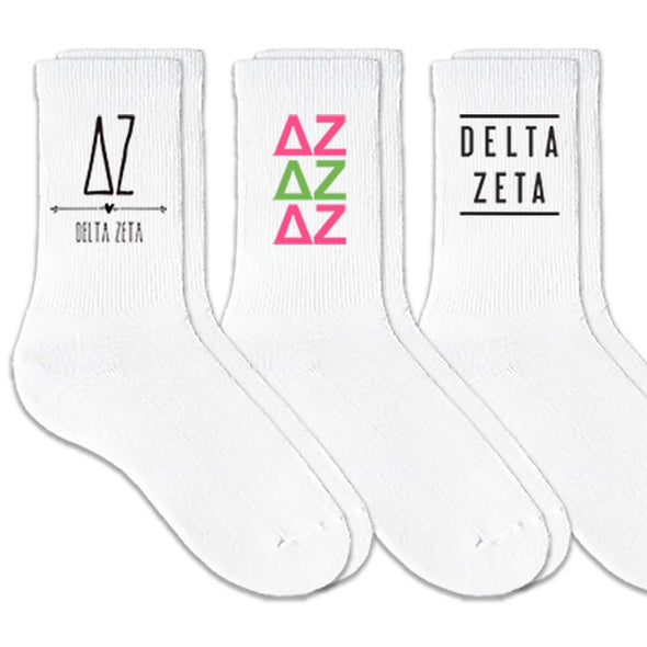 Delta Zeta sorority crew socks with sorority name and Greek letters sold as a 3 pair gift set