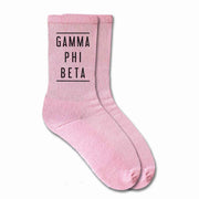 Gamma Phi Beta pink cotton crew socks with sorority name printed on socks