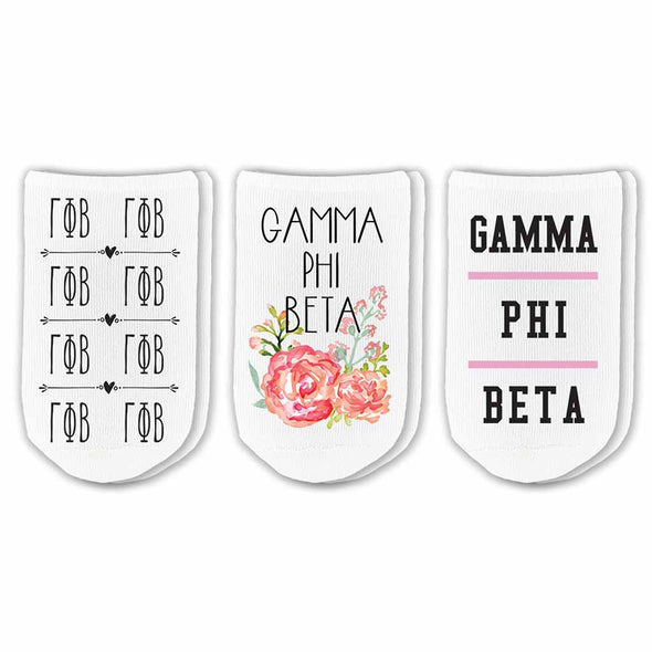 Gamma Phi sorority footie socks with sorority name, Greek letters and sorority floral design sold as a 3 pair gift set