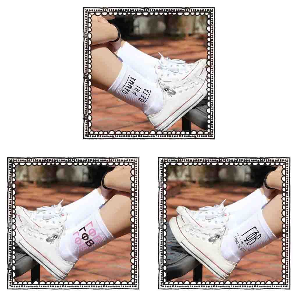 Gamma Phi Beta sorority cotton socks with Greek letters are part of this sorority gift pack