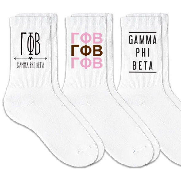 Gamma Phi Beta sorority crew socks with sorority name and Greek letters sold as a 3 pair gift set