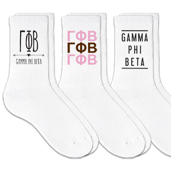Gamma Phi Beta best selling sorority crew socks with sorority name and Greek letters sold as a 3 pair sock bundle
