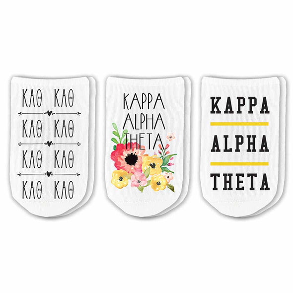 Kappa Alpha Theta sorority no show socks with sorority name, Greek letters and sorority floral design sold as a 3 pair gift set