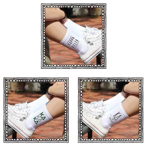 Kappa Delta crew socks with sorority name and Greek letters sold as a 3 pair sock bundle