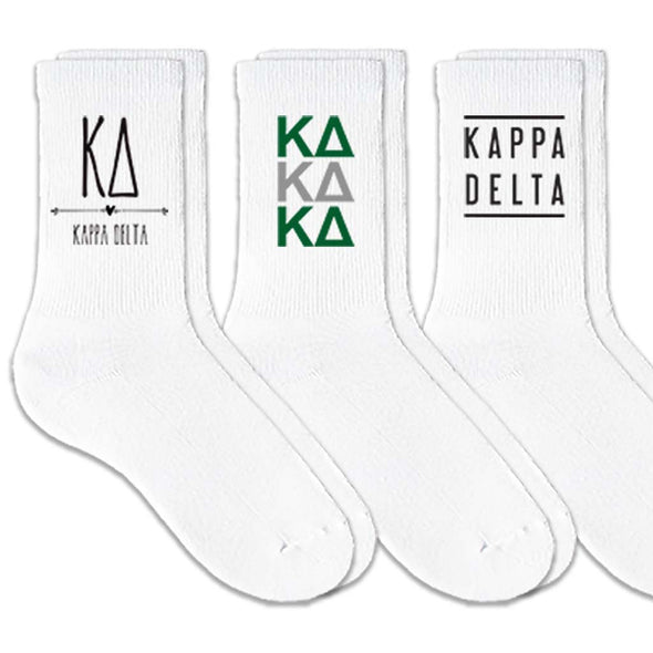 Kappa Delta sorority crew socks with sorority name and Greek letters sold as a 3 pair gift set