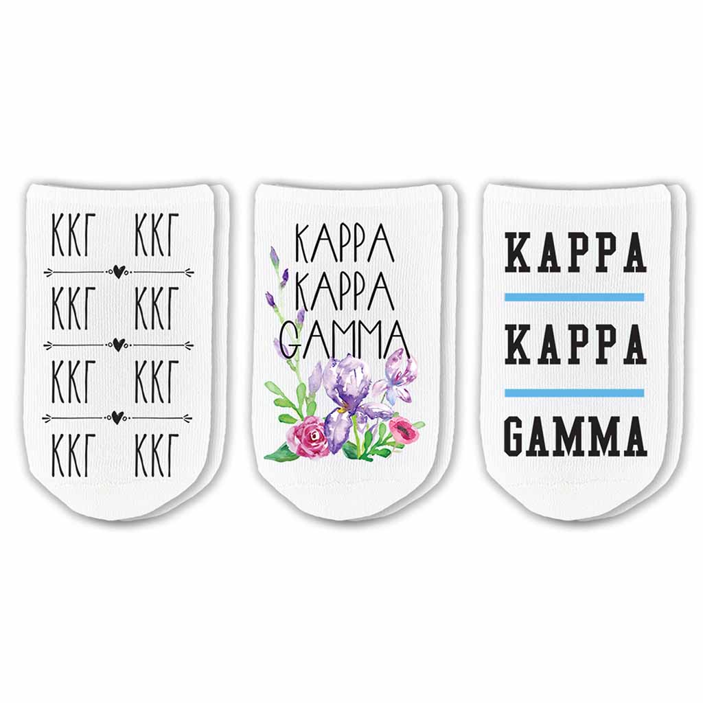 Kappa Kappa Gamma footie socks with sorority name, Greek letters and sorority floral design sold as a 3 pair gift set