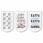 Kappa Kappa Gamma footie socks with sorority name, Greek letters and sorority floral design sold as a 3 pair gift set