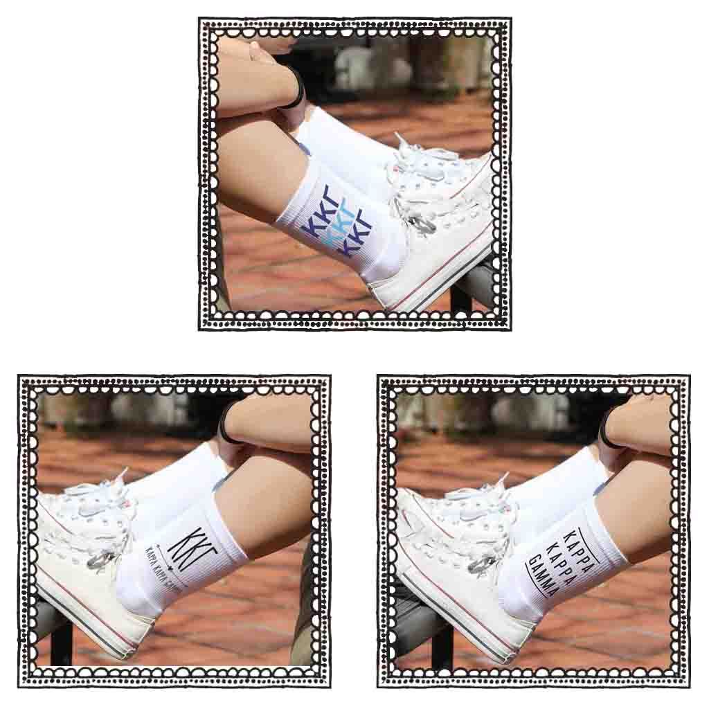 Kappa Kappa Gamma white crew socks with sorority name and Greek letters sold as a 3 pair sock bundle