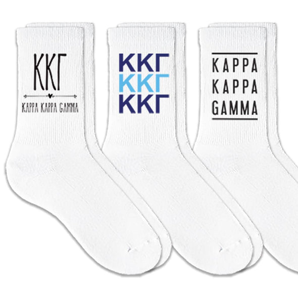 Kappa Kappa Gamma best selling sorority crew socks with sorority name and Greek letters sold as a 3 pair sock bundle