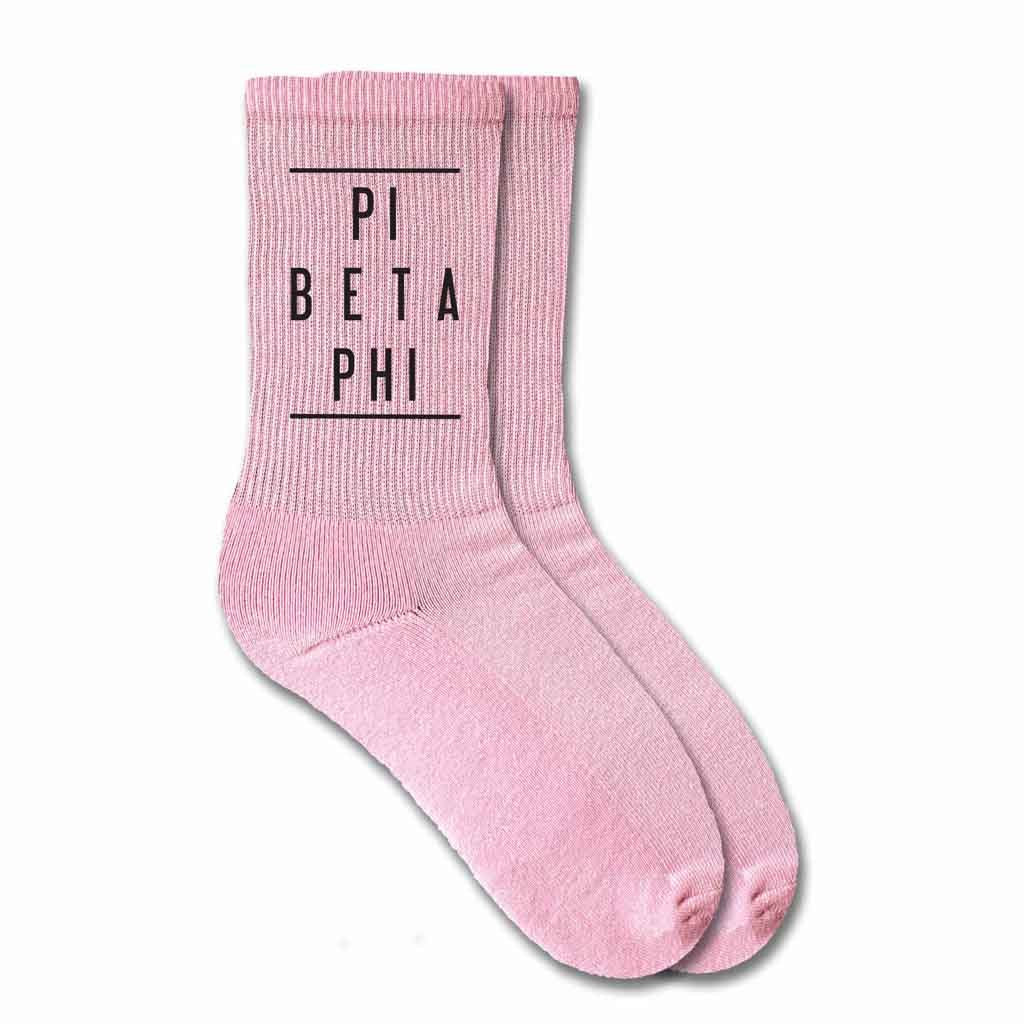 Pi Beta Phi sorority name custom printed on pink cotton crew socks