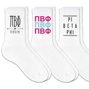 Pi Beta Phi sorority crew socks with sorority name and Greek letters sold as a 3 pair gift set