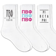 Pi Beta Phi best selling sorority crew socks with sorority name and Greek letters sold as a 3 pair sock bundle