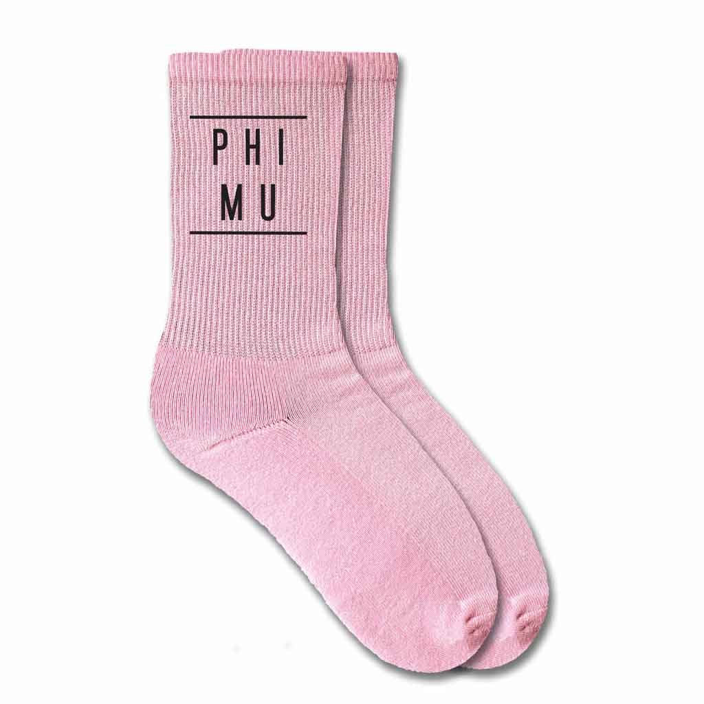 Phi Mu sorority name custom printed on pink cotton crew socks