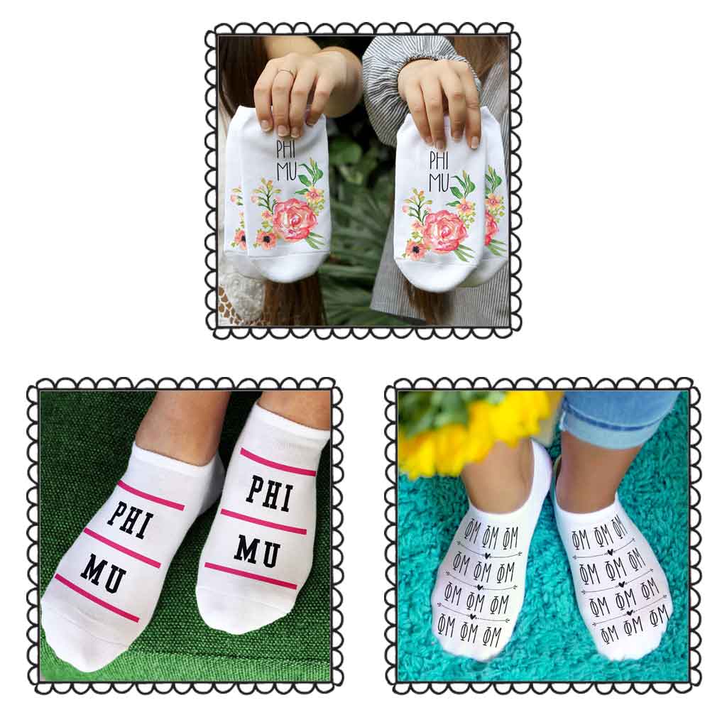 Phi Mu sorority custom printed on no show socks sold as a 3 pair set