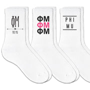 Phi Mu best selling sorority crew socks with sorority name and Greek letters sold as a 3 pair sock bundle