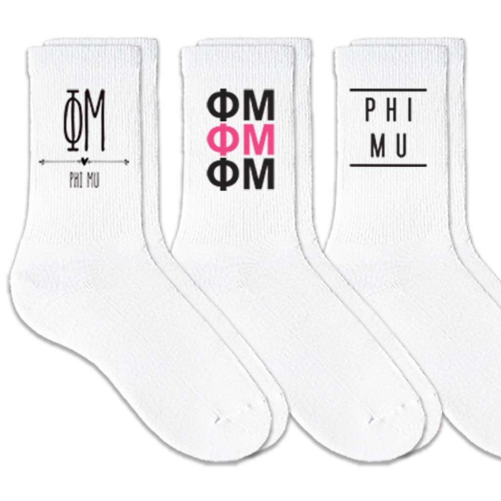 Phi Mu best selling sorority crew socks with sorority name and Greek letters sold as a 3 pair sock bundle