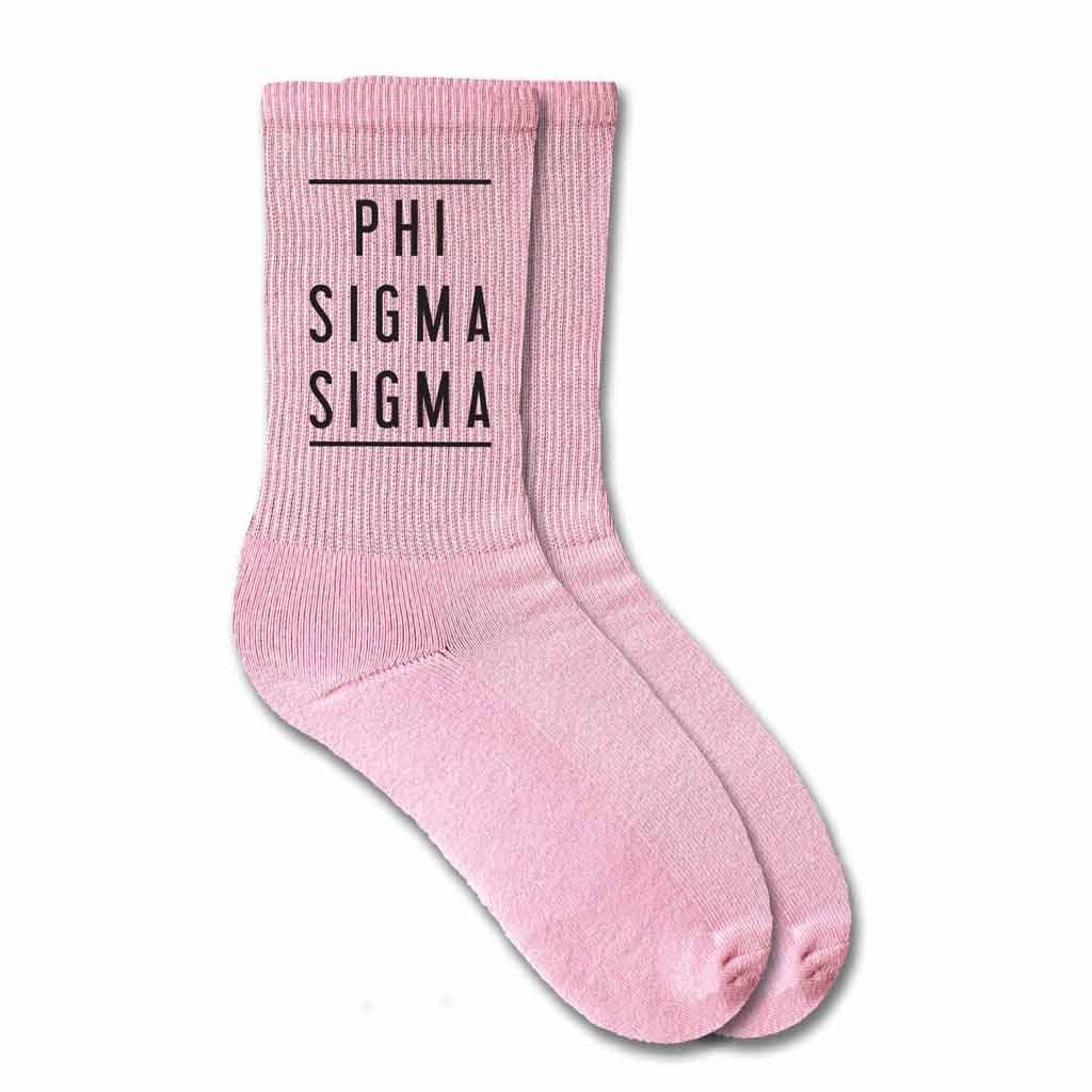 Phi Sigma Sigma sorority pink cotton crew socks with sorority name printed on the socks