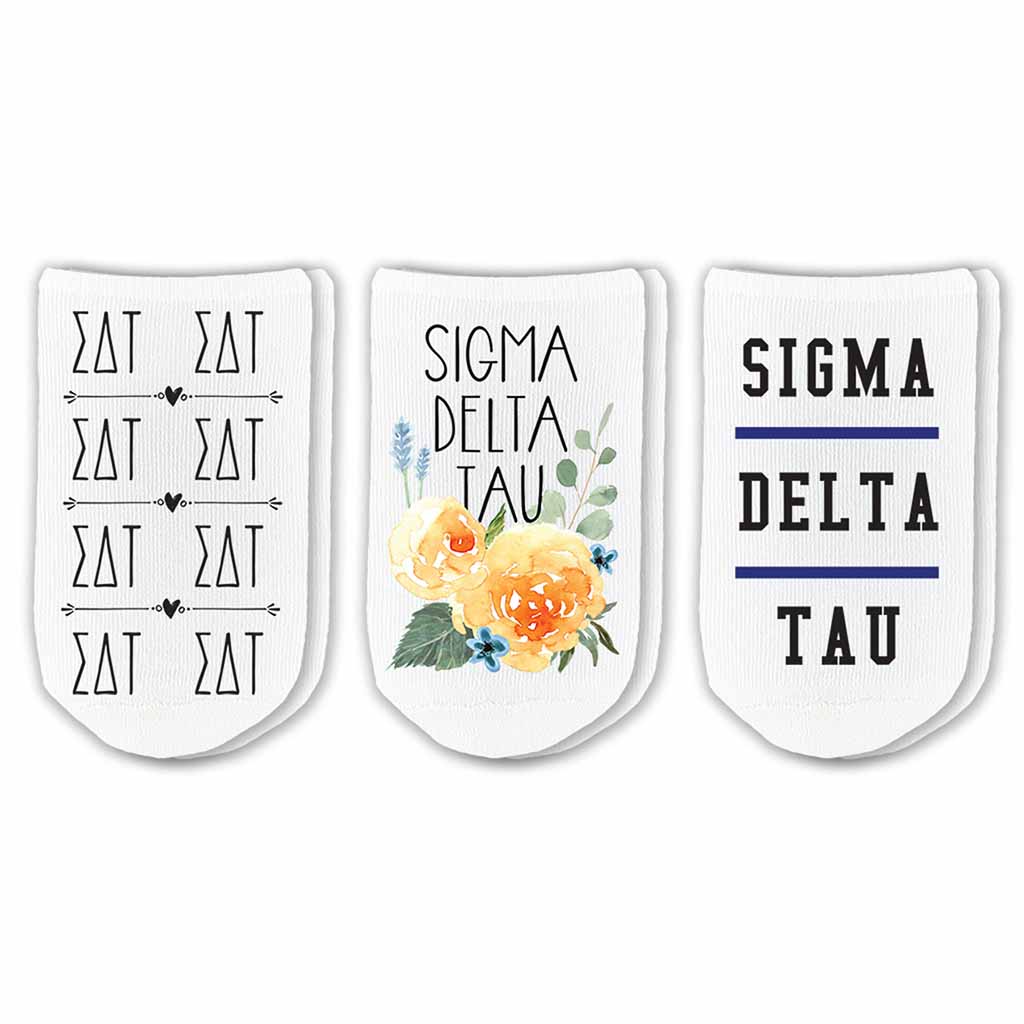 Sig Delt sorority no show socks with sorority name, Greek letters and sorority floral design sold as a 3 pair gift set