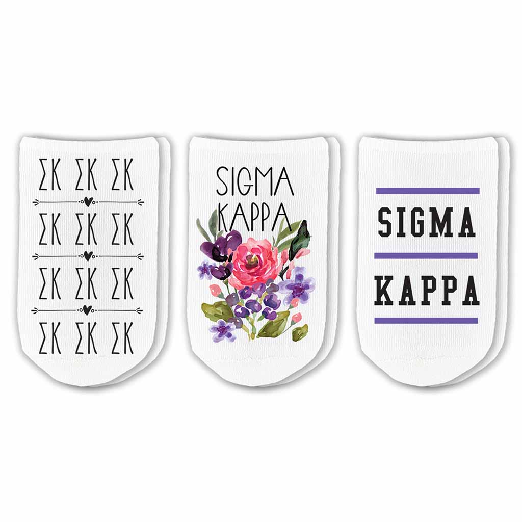 Sigma Kappa footie socks with sorority name, Greek letters and sorority floral design sold as a 3 pair gift set