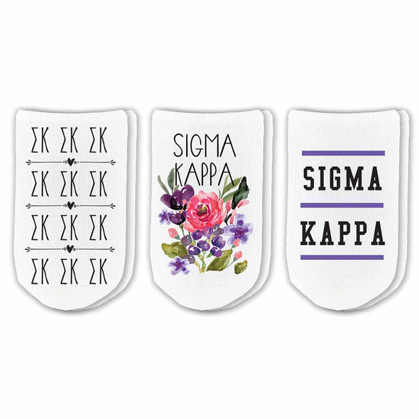 Sigma Kappa sorority no show socks with sorority name, Greek letters and sorority floral design sold as a 3 pair gift set