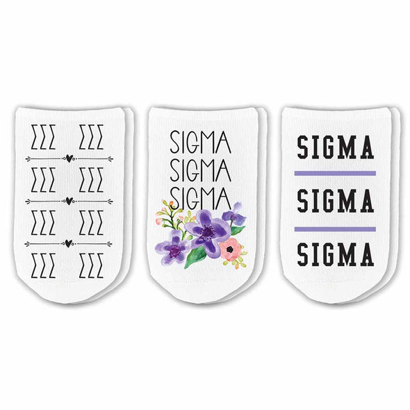 Sigma Sigma Sigma sorority no show socks with sorority name, Greek letters and sorority floral design sold as a 3 pair gift set