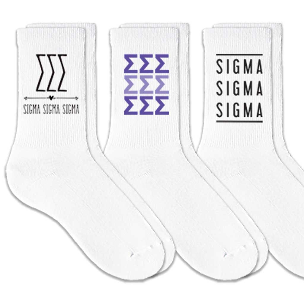 Sigma Sigma Sigma sorority crew socks with sorority name and Greek letters sold as a 3 pair gift set