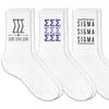 Sigma Sigma Sigma best selling sorority crew socks with sorority name and Greek letters sold as a 3 pair sock bundle