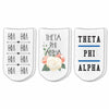 Theta Phi Alpha sorority no show socks with sorority name, Greek letters and sorority floral design sold as a 3 pair gift set