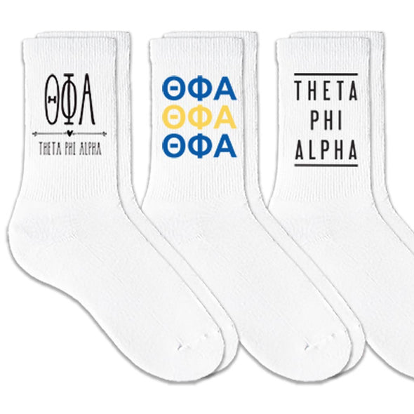 Theta Phi Alpha best selling sorority crew socks with sorority name and Greek letters sold as a 3 pair sock bundle