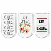 Chi Omega sorority no show socks with sorority name, Greek letters and sorority floral design sold as a 3 pair gift set