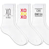 Chi Omega sorority crew socks with sorority name and Greek letters sold as a 3 pair gift set