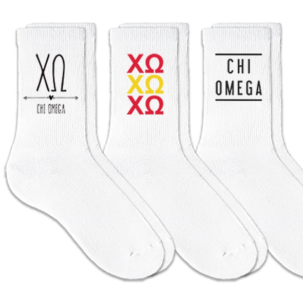 Chi Omega best selling sorority crew socks with sorority name and Greek letters sold as a 3 pair sock bundle