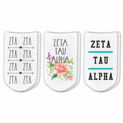 Zeta Tau Alpha no show socks with sorority name, Greek letters and sorority floral design sold as a 3 pair gift set