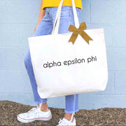 Alpha Epsilon Phi sorority name custom printed on canvas tote bag with bow