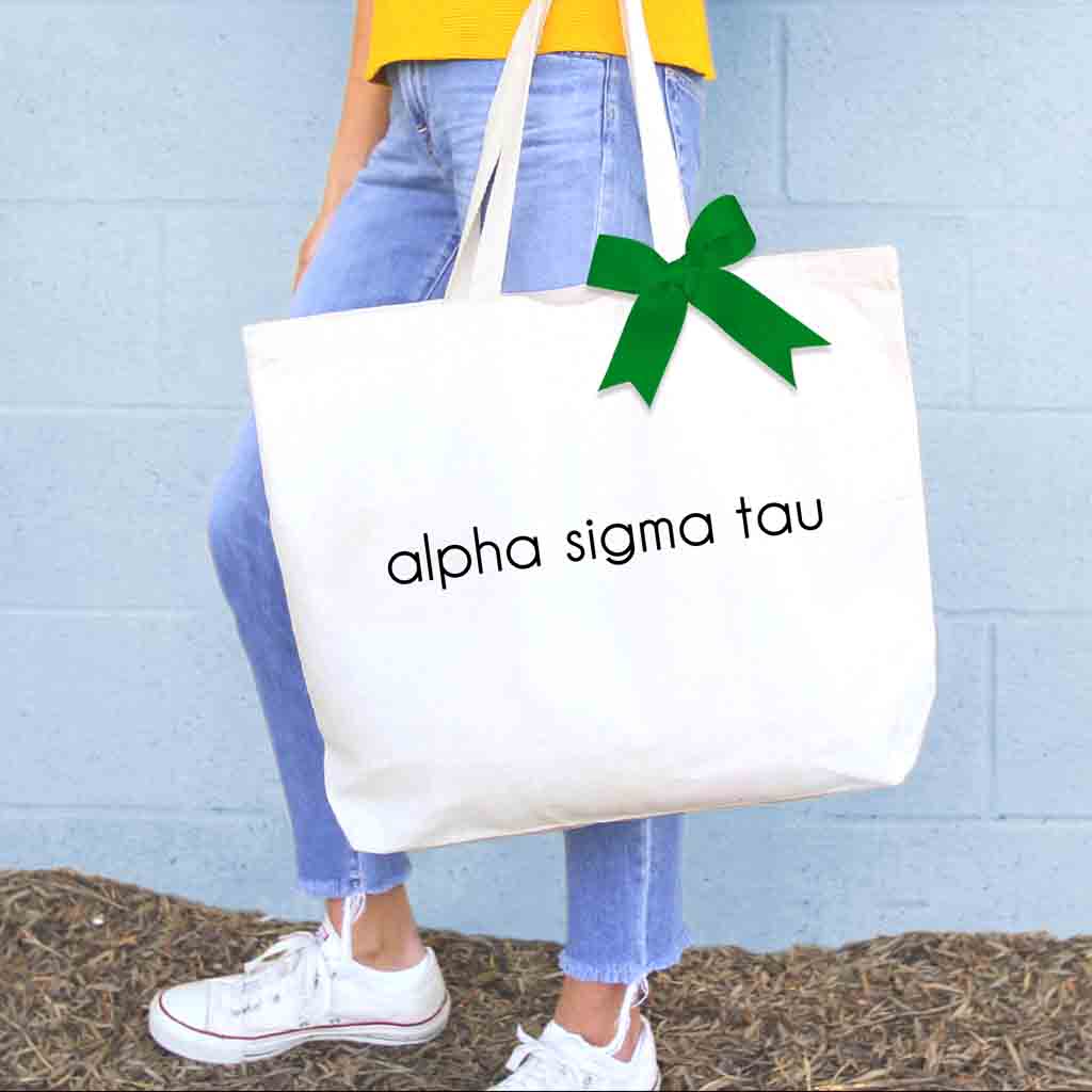 Alpha Sigma Tau sorority name custom printed on canvas tote bag with bow