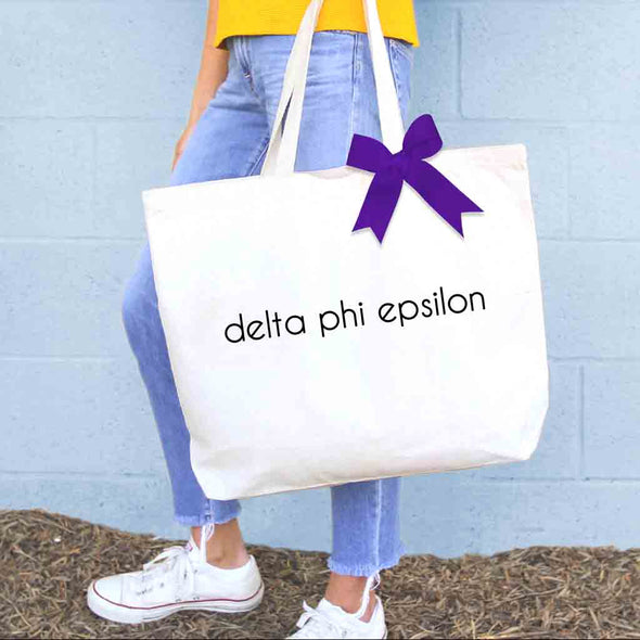 Delta Phi Epsilon custom printed on canvas tote bag with bow