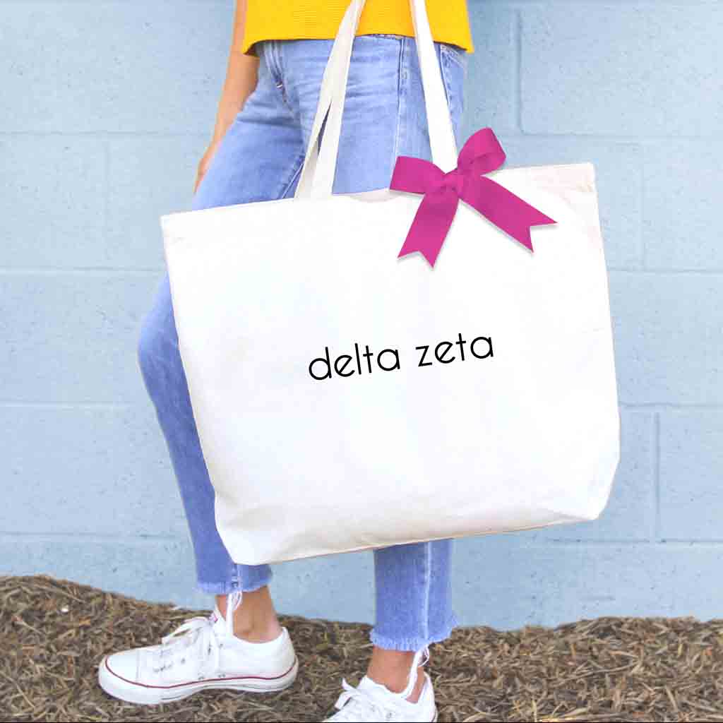 Delta Zeta sorority name with bow custom printed on canvas tote bag