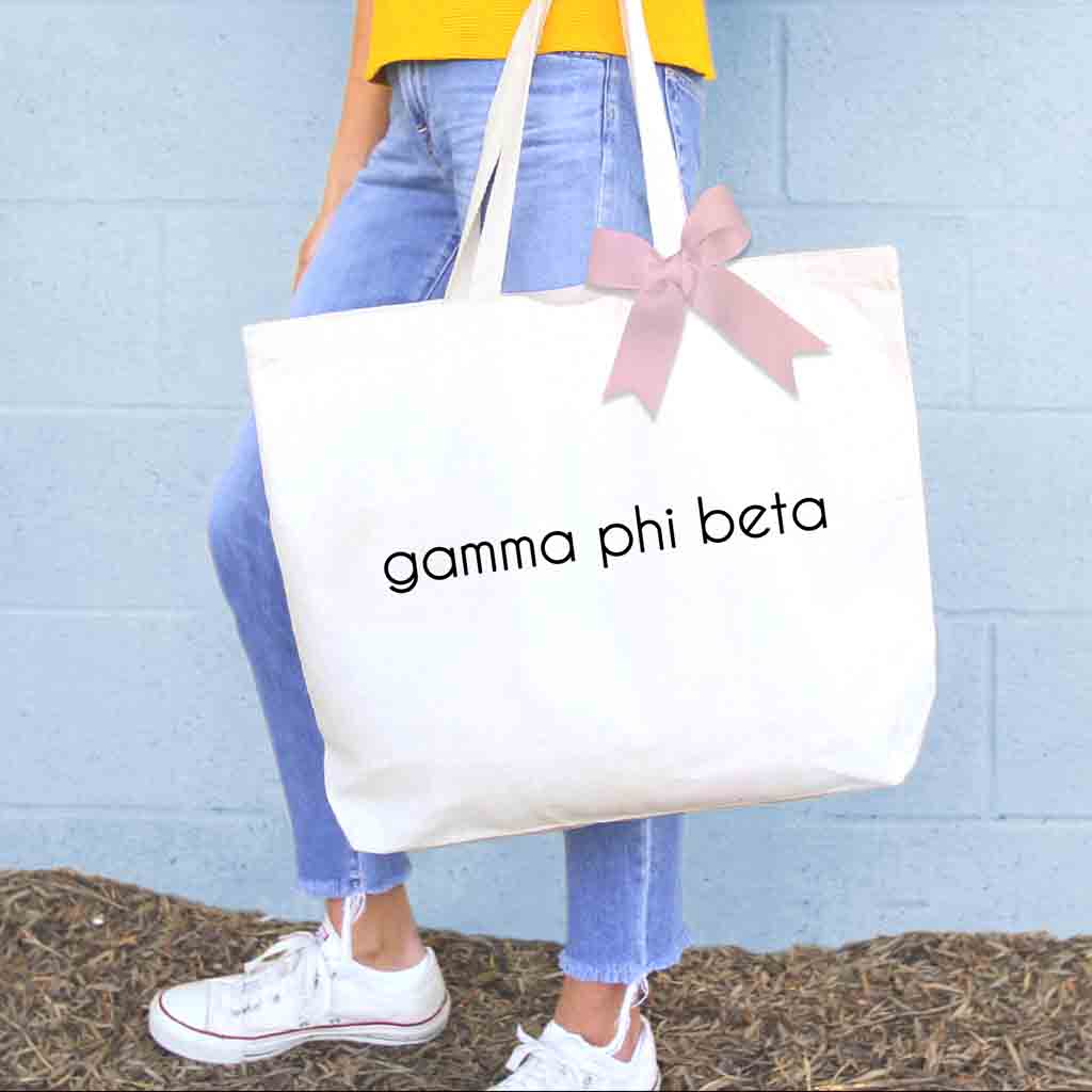 Gamma Phi Beta sorority name custom printed on canvas tote bag with bow