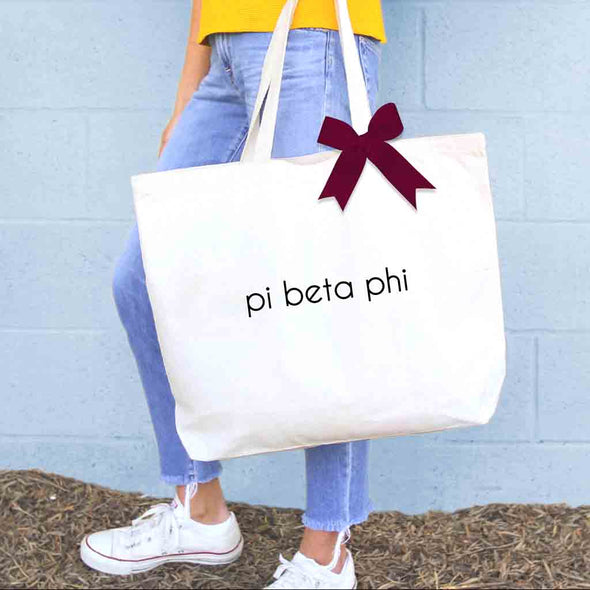 Pi Beta Phi sorority name custom printed on canvas tote bag with bow