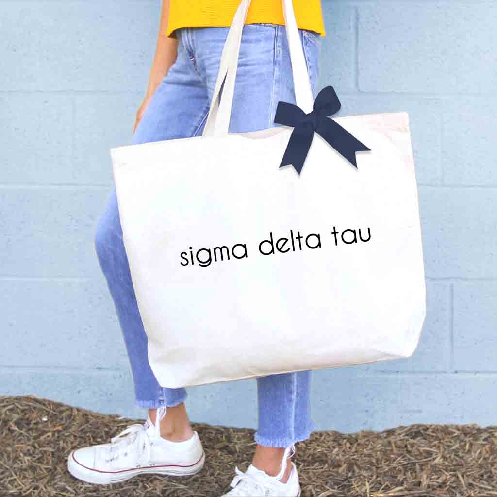 Sigma Delta Tau sorority custom printed on canvas tote bag with bow