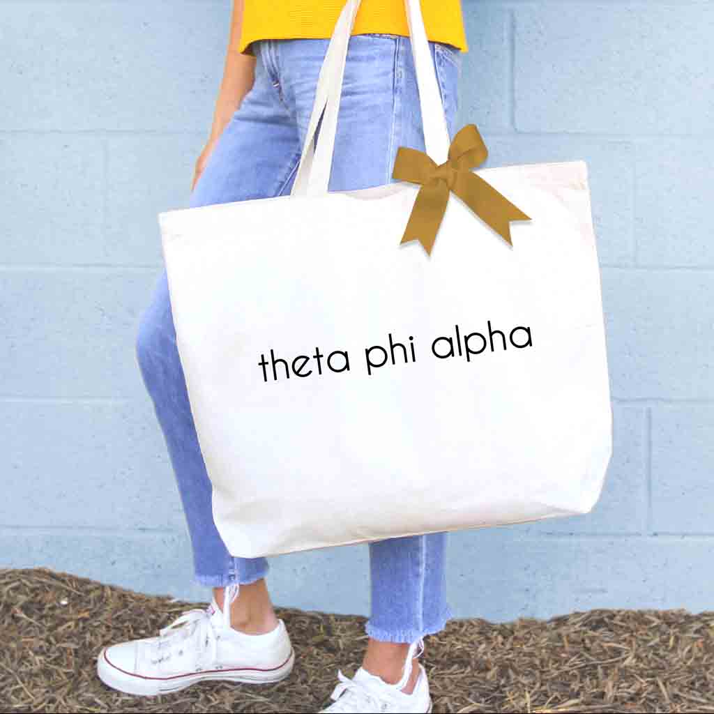 Theta Phi Alpha custom printed on canvas tote bag with bow