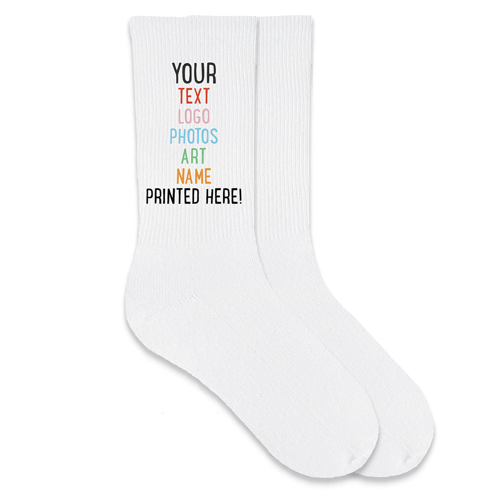 Design your own custom cotton crew socks for men with text, photos, logos and more