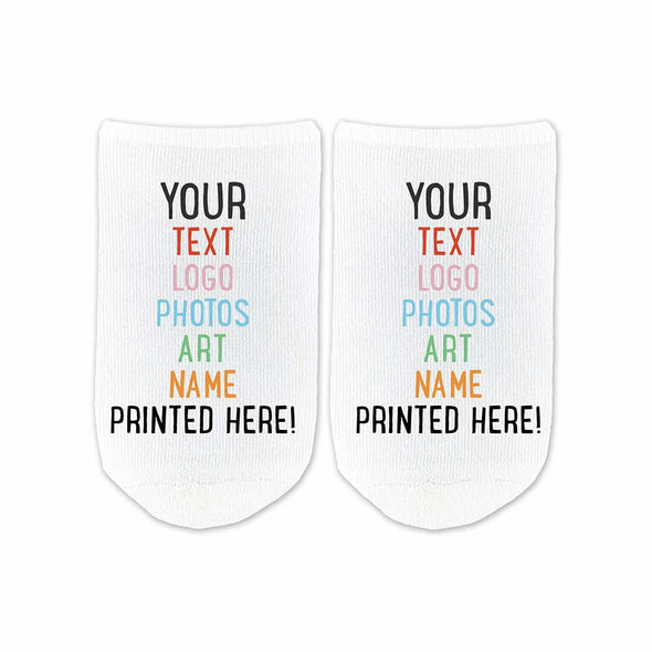 Add you own text, logos, photos, art on these custom printed cotton footie socks