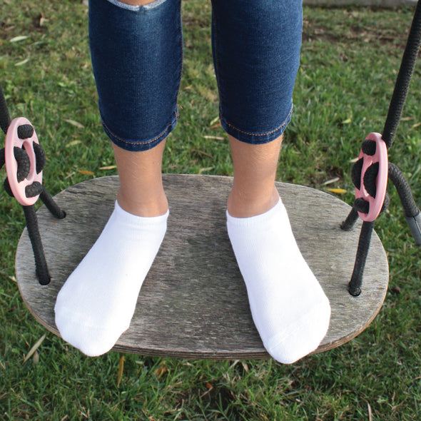 Sockprints basic white cotton blend no show socks available for purchase in a three pair pack in same color and size.