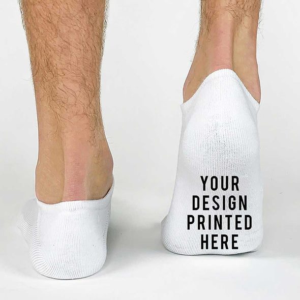 Custom printed on the soles of white cotton no show socks, design your own personalized socks.