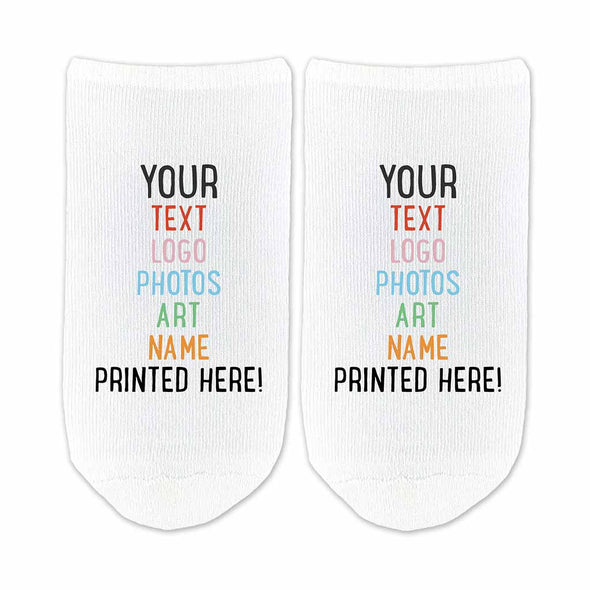Custom printed design your own logo, art, text, name to be digitally printed in ink on white cotton large no show socks.