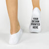 Design your own bottoms up custom printed on the sole of the white cotton no show socks.