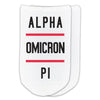 Alpha Omicron Pi design printed on a white cotton no show socks perfect gifts for little sorority