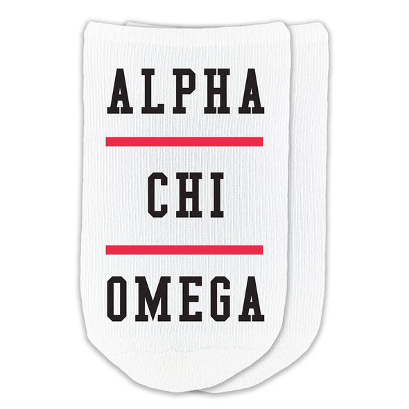 Alpha Chi Omega design printed on a white cotton no show socks perfect gifts for little sorority